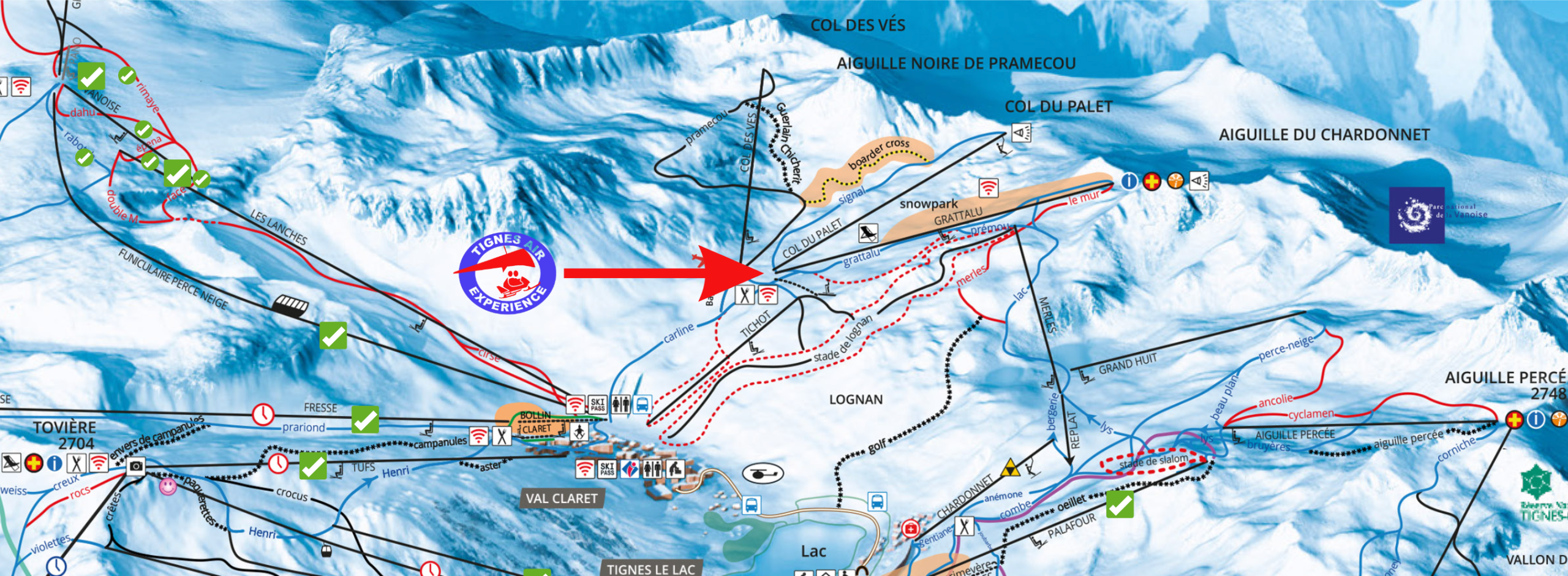 Plan d'accès au point de rendez-vous : cabanon au pied du télésiège de Grattalu, Tignes